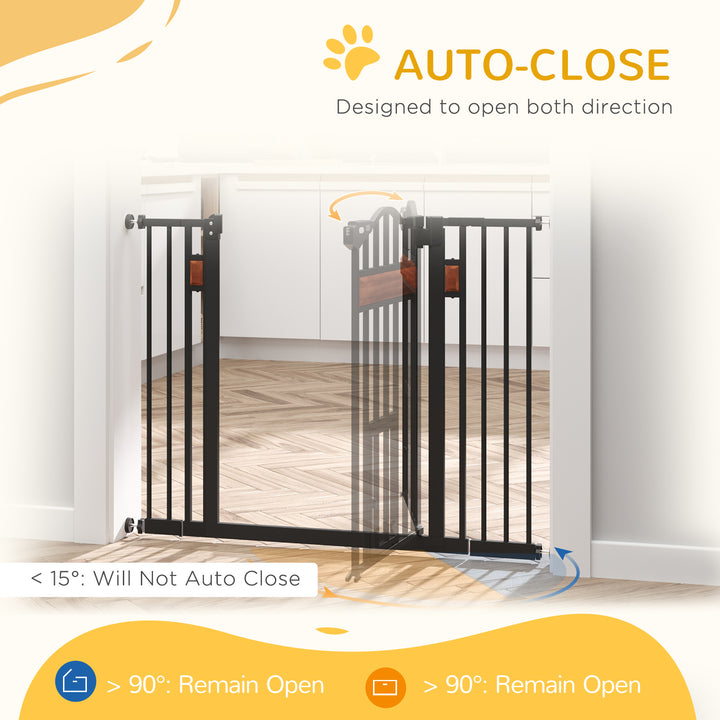 Dog Gate with Cat Flap Pet Safety Gate, Auto Close Double Locking Pine Wood Decoration, for Doorways Stairs Indoor, 74-105 cm Wide, Black