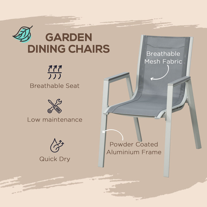 7 Pieces Garden Dining Set, Outdoor Table and 6 Armchairs, Aluminium Frame Slatted Wood Grain Plastic Top Table Mesh Fabric Seats Light Grey