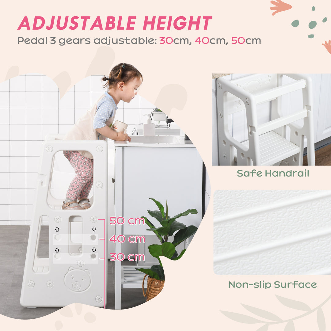 Kids Step Stool Adjustable Standing Platform Toddler Kitchen Stool -Standing Tower for Kids Kitchen Learning w/ Three Adjustable Heights, White