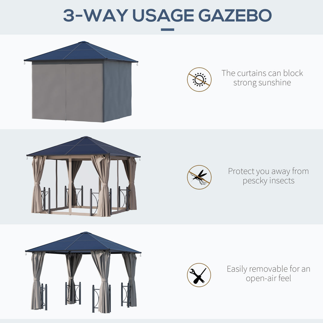 3 x 3(m) Hardtop Gazebo Canopy with Polycarbonate Roof, Steel & Aluminium Frame, Garden Pavilion with Mosquito Netting and Curtains, Black