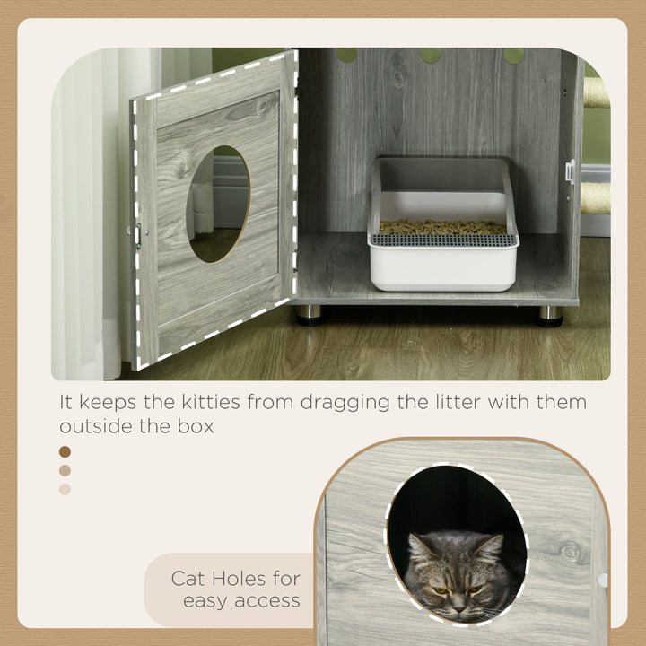 Enclosed Cat Litter Box with Cat House, Cat Bed, Scratching Posts, Platforms for Indoor Cats Use, Grey