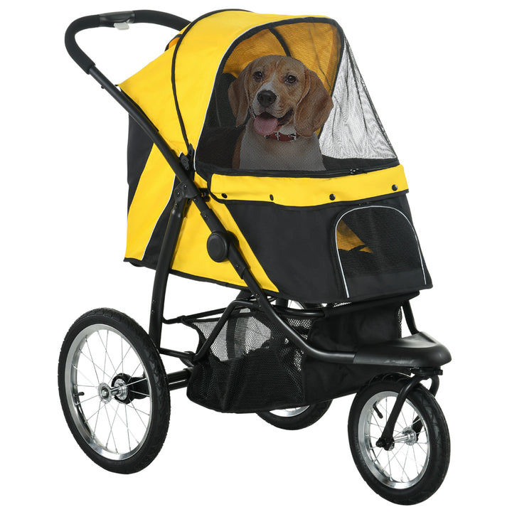 Pet Stroller Jogger for Medium, Small Dogs, Foldable Cat Pram Dog Pushchair w/ Adjustable Canopy, 3 Big Wheels - Yellow