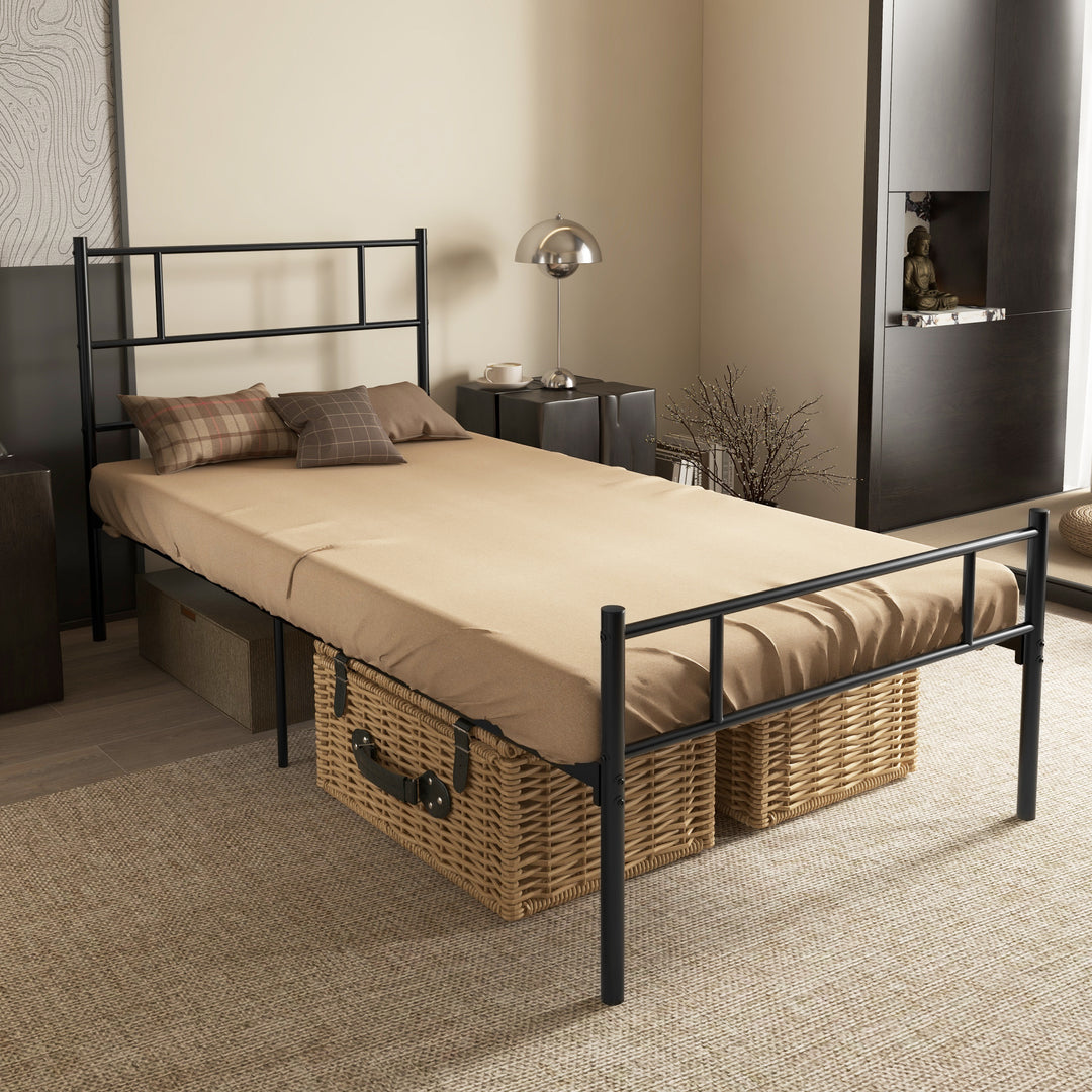 Single Metal Bed Frame Solid Bedstead Base with Headboard and Footboard, Metal Slat Support and Underbed Storage Space, Bedroom Furniture