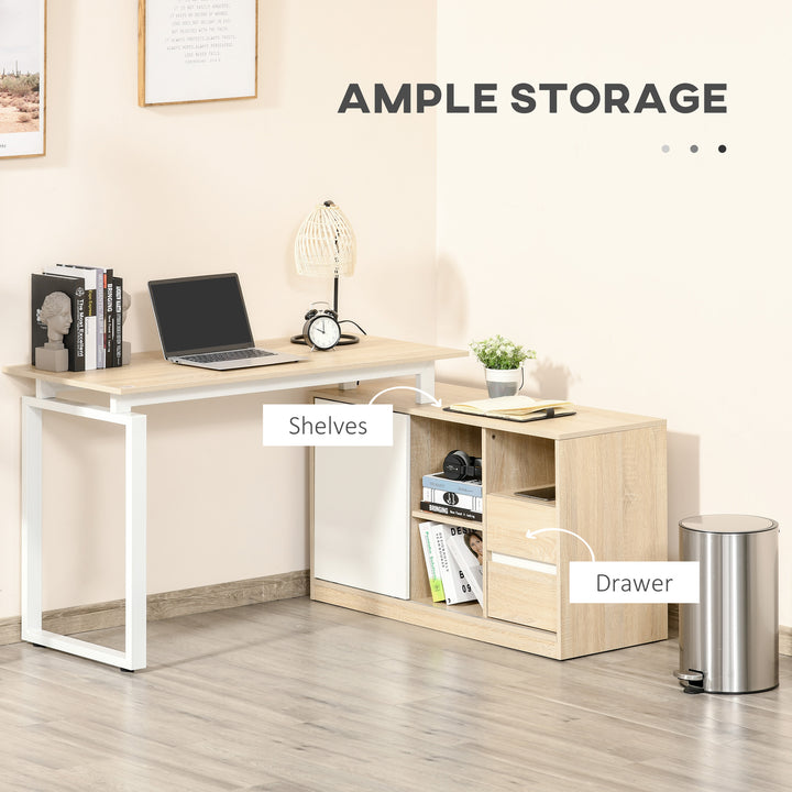 L-Shaped Home Office Writing Desk with Storage Shelf, Drawer, Corner PC Table Computer Workstation, Oak Beige White
