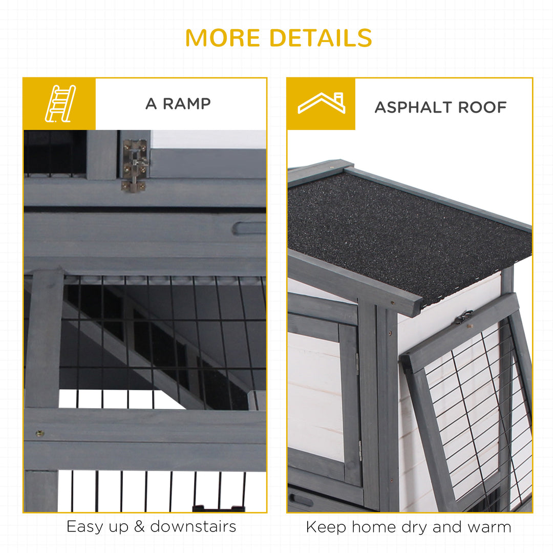 2 Tier Wooden Rabbit Hutch Small Animal Cage Slide Out Tray Ramp Outdoor Run Openable Roof Grey 101.5 x 90 x 100 cm