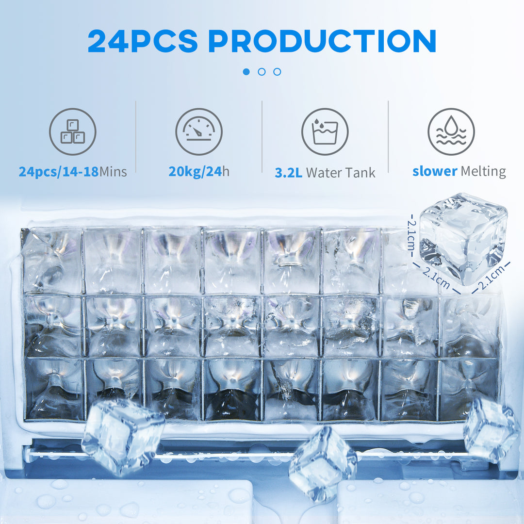 HOMCOM Ice Maker Machine, Counter Top Ice Cube Maker for Home, 20kg in 24 Hrs, 3.2L with Adjustable Cube Size, Self Cleaning Function, Ice Scoop