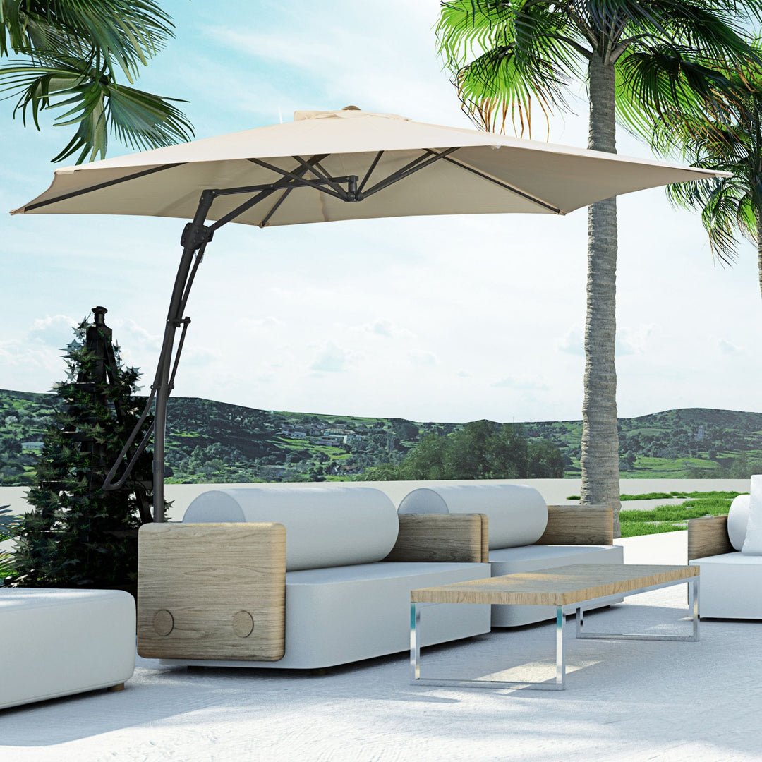 3m Cantilever Parasol with Easy Lever, Patio Umbrella with Crank Handle, Cross Base and 6 Metal Ribs, Outdoor Sun Shades，Garden, Cream White