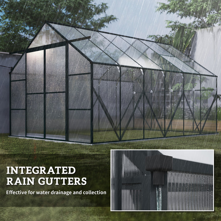 Aluminium Greenhouse Polycarbonate Walk-in Garden Greenhouse Kit with Adjustable Roof Vent, Rain Gutter and Foundation, 8 x 12ft, Clear