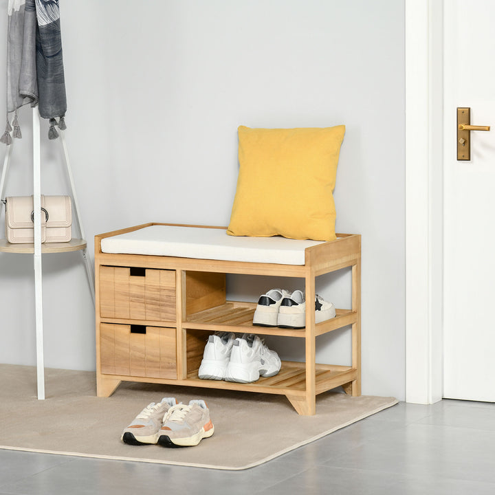 Wooden 2 Tier Shoe Storage Bench Rack Shelves Cushioned Seat  Entryway Hallway Organiser with 2 Drawers - Natural Wood Colour