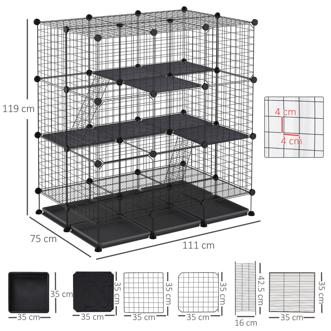 Pawhut 3 Level DIY Pet Playpen Metal Small Animal Cage Guinea Pig Rabbit Ferret Chinchillas Cage 4 Doors Bottom Trays Black