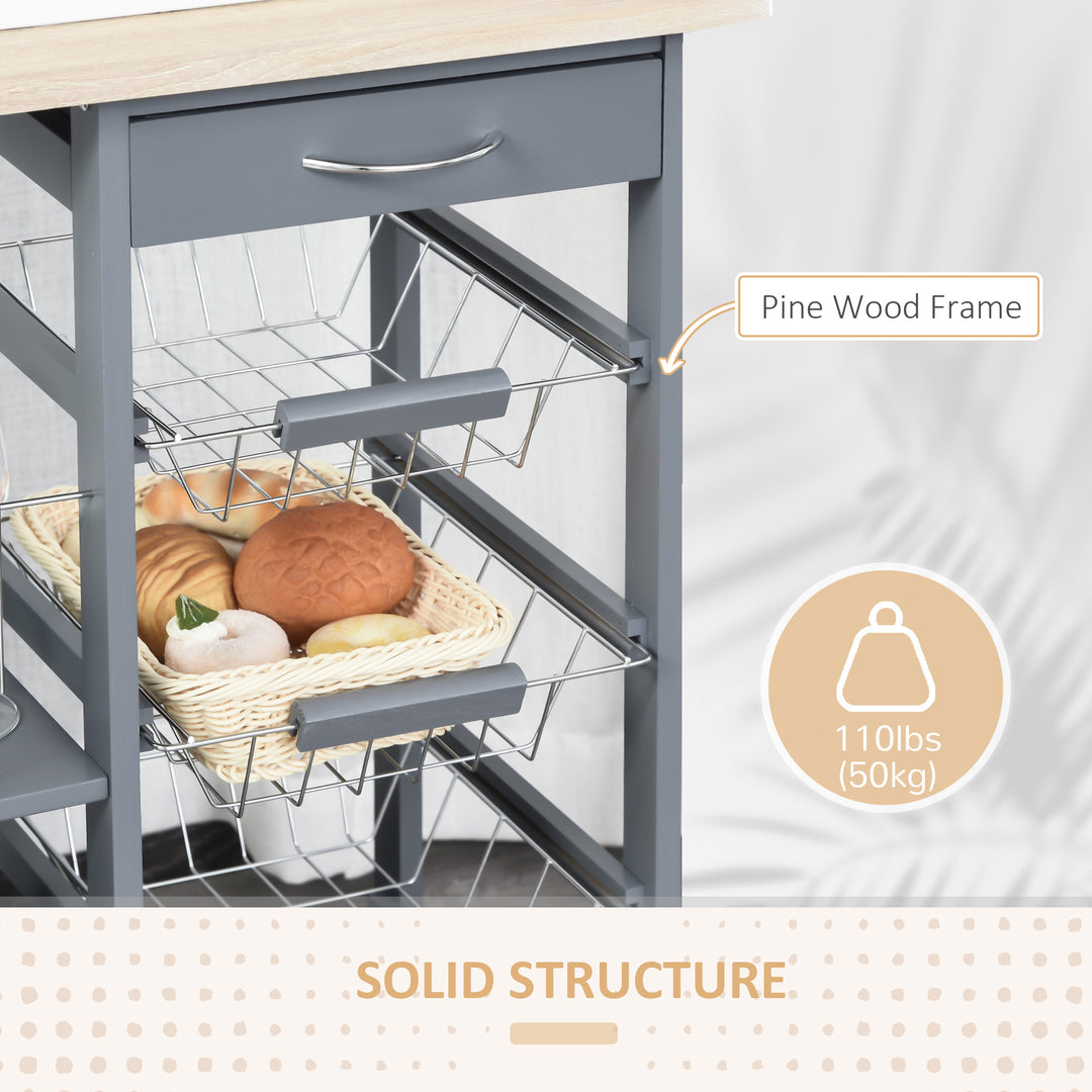 Kitchen Trolley, Multi-Use Kitchen Island w/ 4 Baskets 2 Side Racks 4 Wheels Food Storage Smooth Rolling Compact Furniture Dark Grey