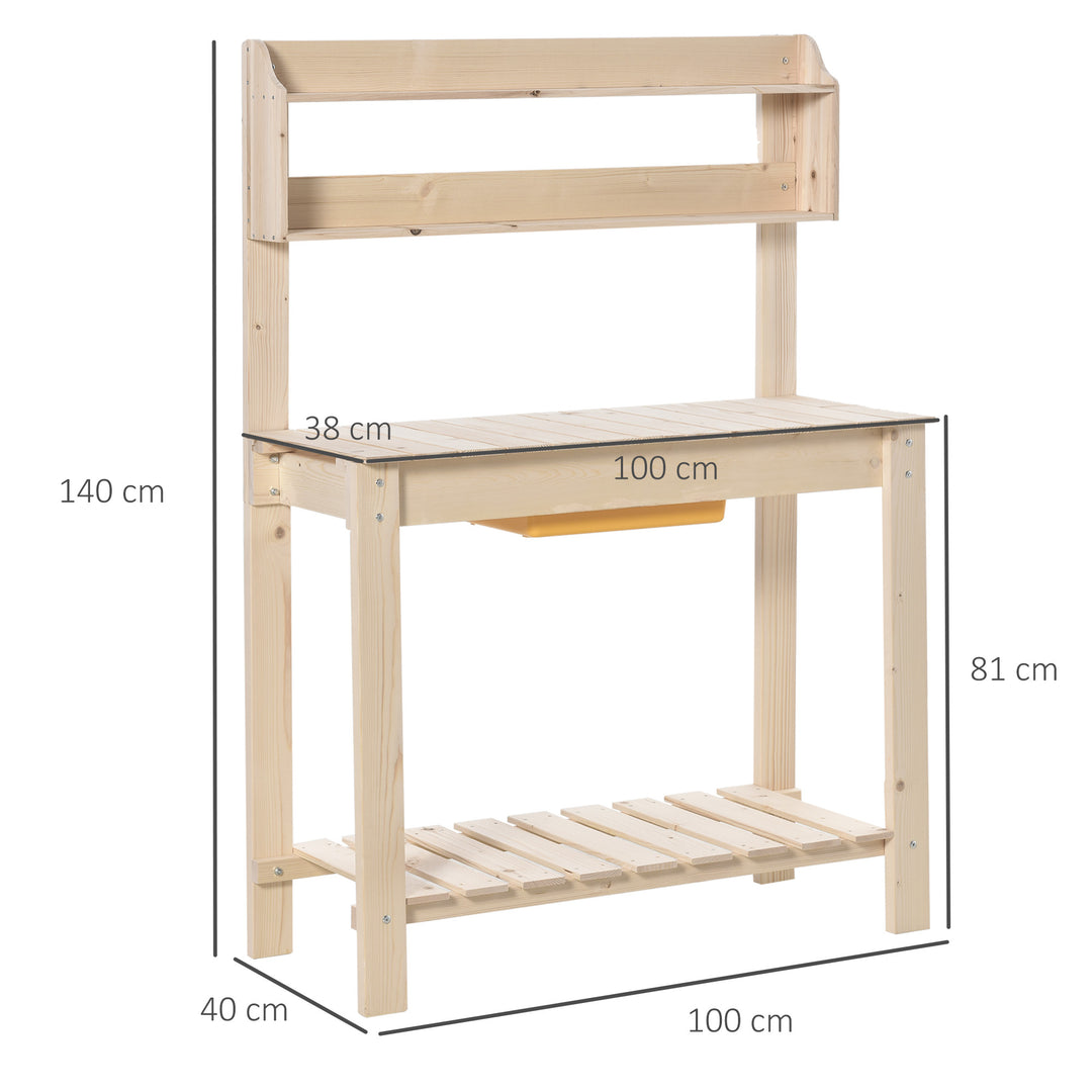 Outsunny Garden Potting Bench w/ Sliding Tabletop, Wooden Workstation w/ Dry Sink, Outdoor Workbench Potting Table w/ Storage Shelf & Hooks, Natural