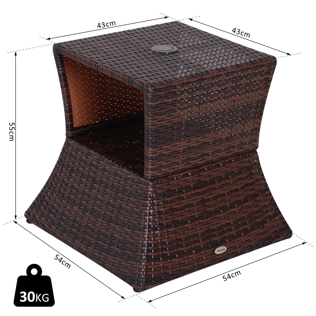 Outdoor Patio Rattan Wicker Coffee Table Bistro Side Table w/ Umbrella Hole and Storage Space, Brown