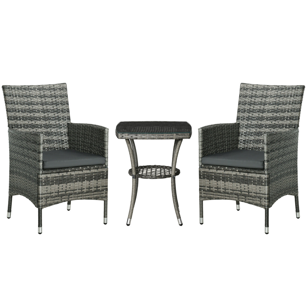 Outsunny 3 PCs Rattan Garden Bistro Set with Cushions Patio Weave Companion Chair Table Set Conservatory, Light Grey