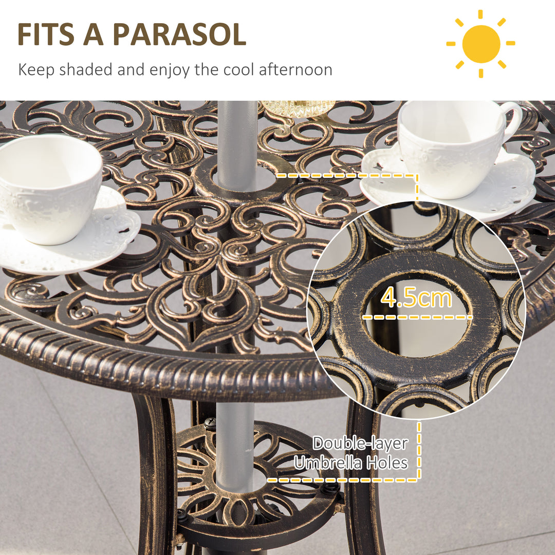 Outsunny 3 Piece Cast Aluminium Garden Bistro Set for 2 with Parasol Hole, Outdoor Coffee Table Set with Cushions - Bronze