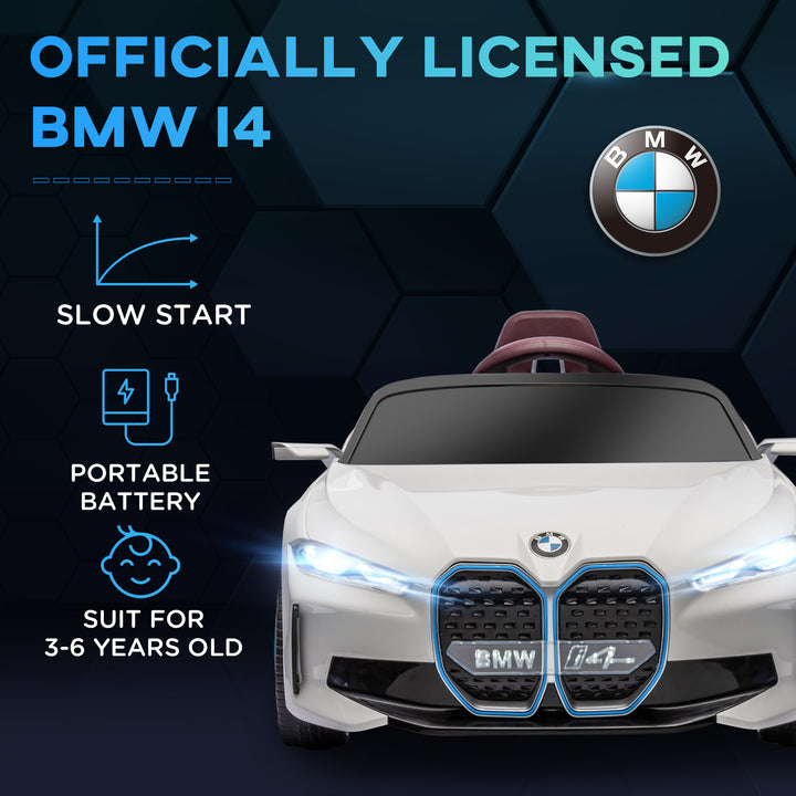 BMW i4 Licensed 12V Kids Electric Ride on Car with Remote Control, Powered Electric Car with Portable Battery, Music, Horn, Headlights, MP3 Slot, Suspension Wheels, for Ages 3-6 Years - White