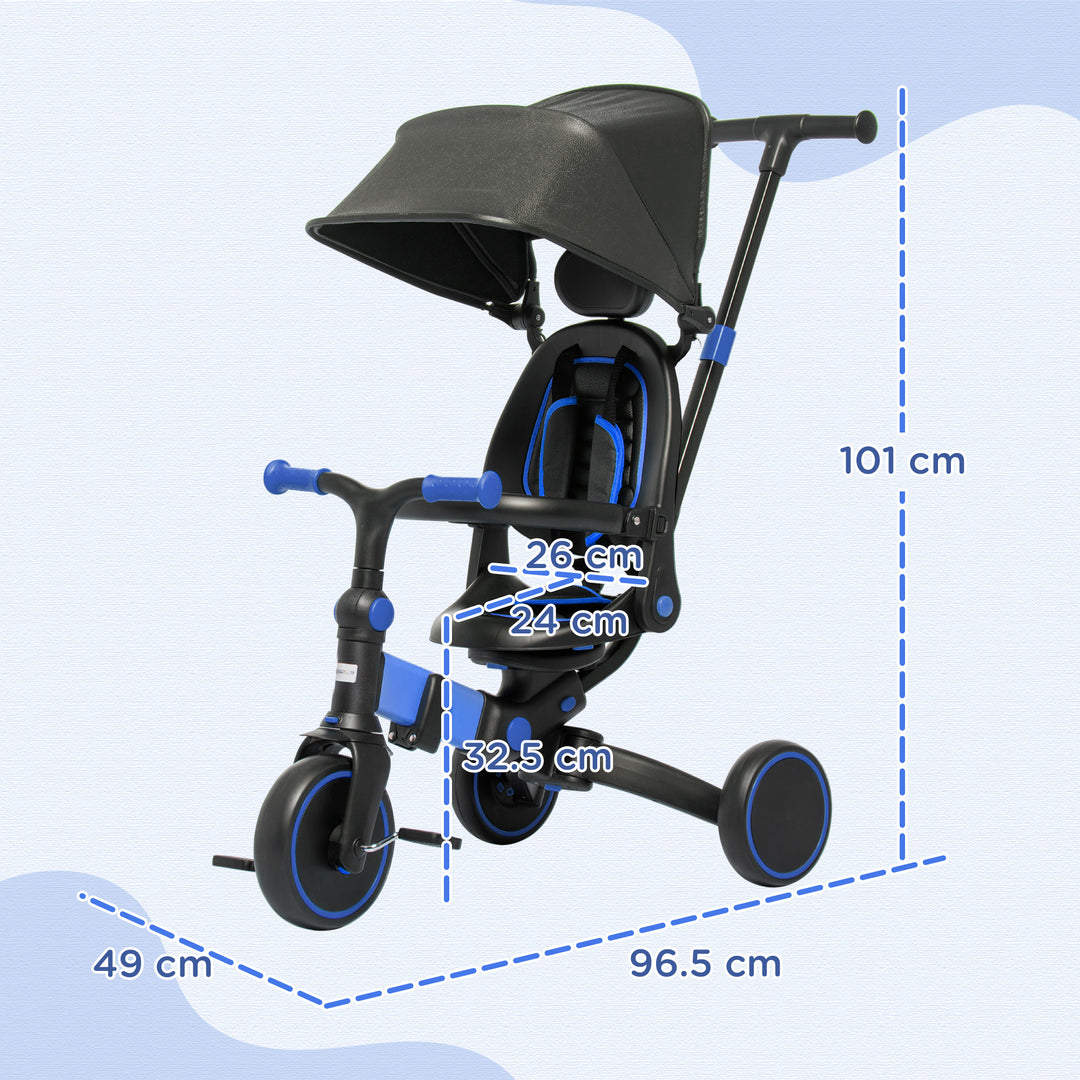 3-in-1 Tricycle for Kids with Aluminium Frame, Baby Trike with Adjustable Push Handle, Canopy and Seat Angle for 18-48 Months, Blue