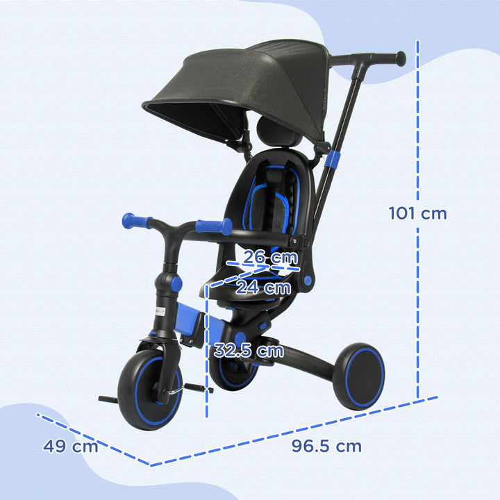 3-in-1 Tricycle for Kids with Aluminium Frame, Baby Trike with Adjustable Push Handle, Canopy and Seat Angle for 18-48 Months, Blue