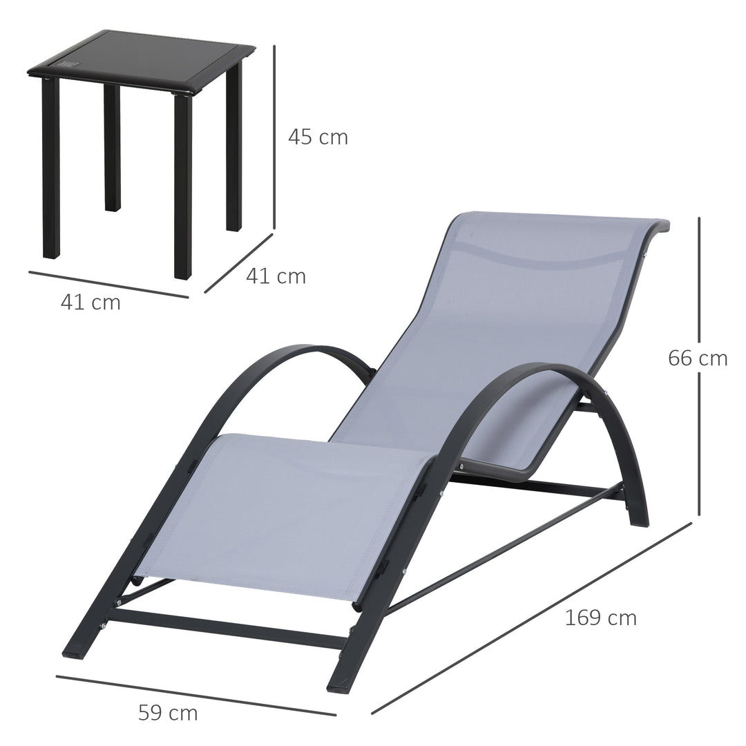 3 Pieces Lounge Chair Set Garden Outdoor Recliner Sunbathing Chair with Table, Light Grey