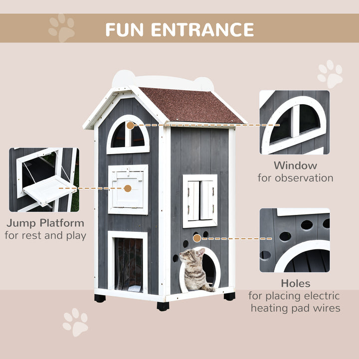 PawHut Wooden Cat House, Weatherproof Pet Shelter, Outdoor Cat Condos Cave, 2 Floor Furniture, Grey and White