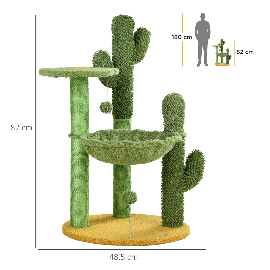 82cm Chenille Cactus Cat Tree with Scratching Post, Hammock, Green