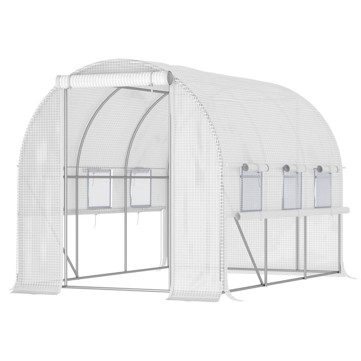 Outsunny 3 x 2 x 2m Walk-in Tunnel Greenhouse, Polytunnel Tent with PE Cover, Zippered Roll Up Door and 6 Mesh Windows, White
