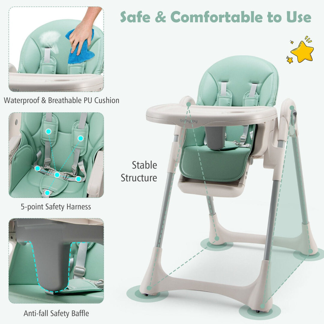Foldable Convertible Baby High Chair with Adjustable Height and Removable Tray-Green
