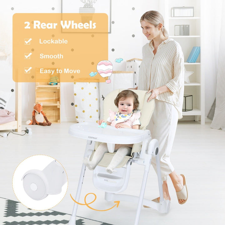 Height Adjustable Folding Highchair for Baby Toddler-Beige