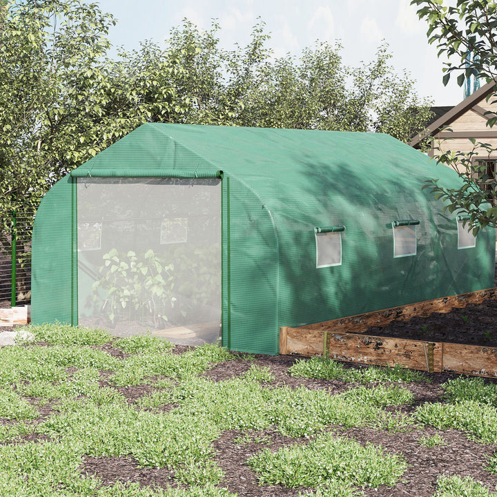Outsunny 4.47 x 3 x 2m Walk-in Tunnel Greenhouse, Portable Polytunnel Tent, Plant Hot House with PE Cover, Zippered Roll Up Door and 6 Windows, Green