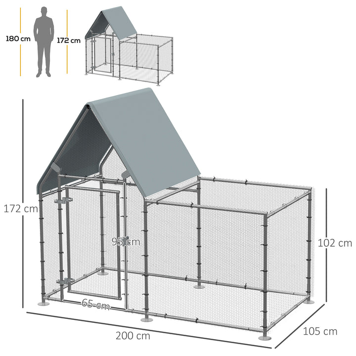 PawHut Walk In Chicken Run, Large Galvanized Chicken Coop, Hen Poultry House Cage, Rabbit Hutch Metal Enclosure, 200 x 105 x 172cm