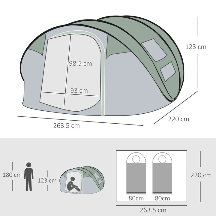 4-5 Person Pop-up Camping Tent Waterproof Family Tent w/ 2 Mesh Windows & PVC Windows Portable Carry Bag for Outdoor Trip Dark Green