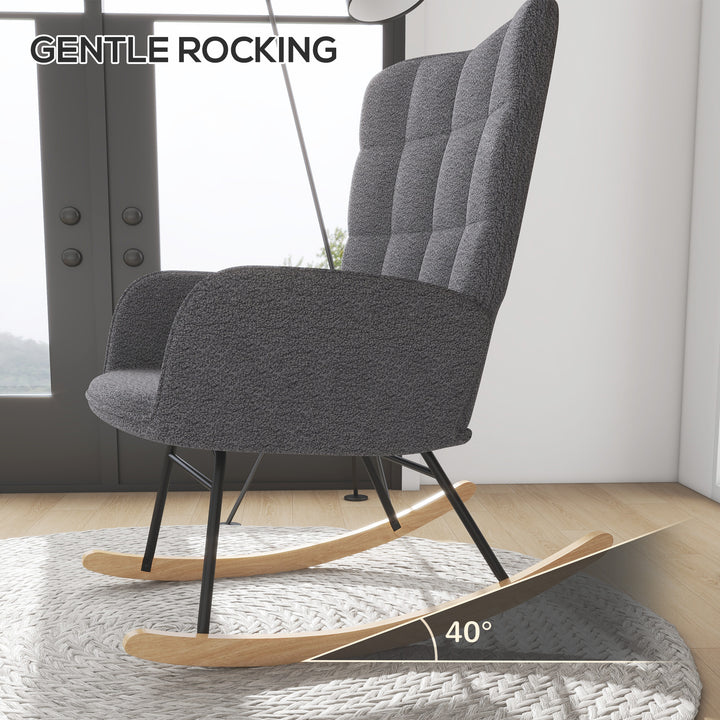 Wingback Rocking Chair for Nursing, Berber Fleece Nursery Glider Rocker, Modern Armchair for Living Room, Dark Grey