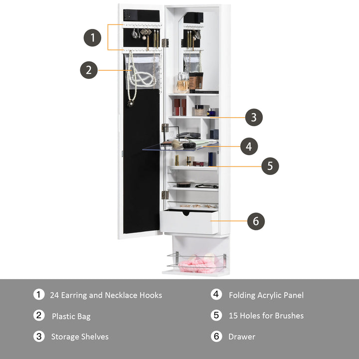 Jewellery Storage Mirror Cabinet Wall Mounted or Door Hanging w/ Hooks Shelves Drawer 18 Lights Brush Holder Vanity Makeup White