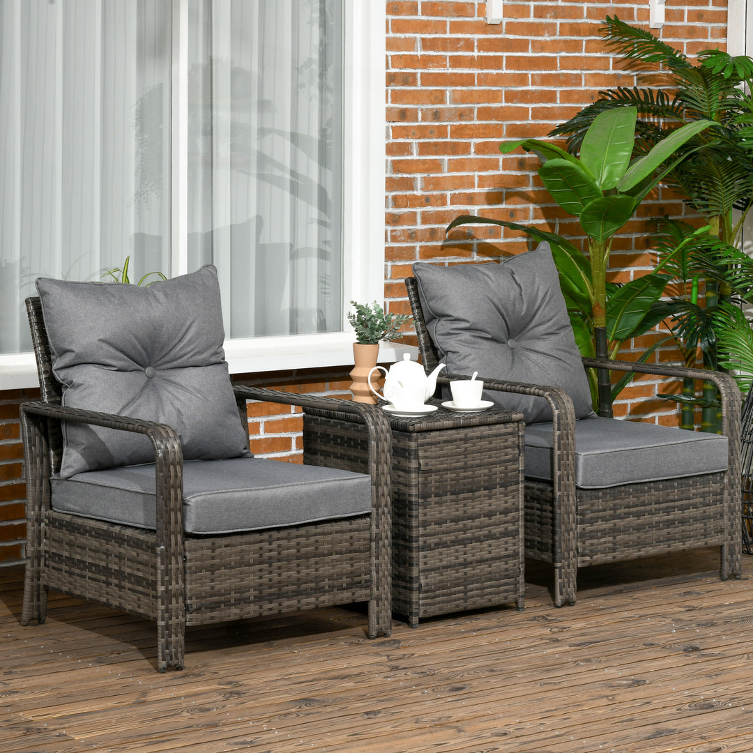 3 pcs PE Rattan Wicker Garden Furniture Patio Bistro Set Weave Conservatory Sofa Storage Table and Chairs Set Grey Cushion & Wicker