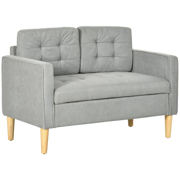 Modern 2 Seater Sofa with Hidden Storage, 117cm Tufted Cotton Couch, Compact Loveseat Sofa with Wood Legs, Light Grey