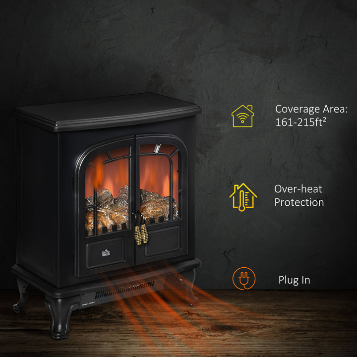 Electric Fireplace Stove Heater with LED Fire Flame Effect, Double Door, Freestanding & Portable with Overheat Protection, 1000W/2000W, Black