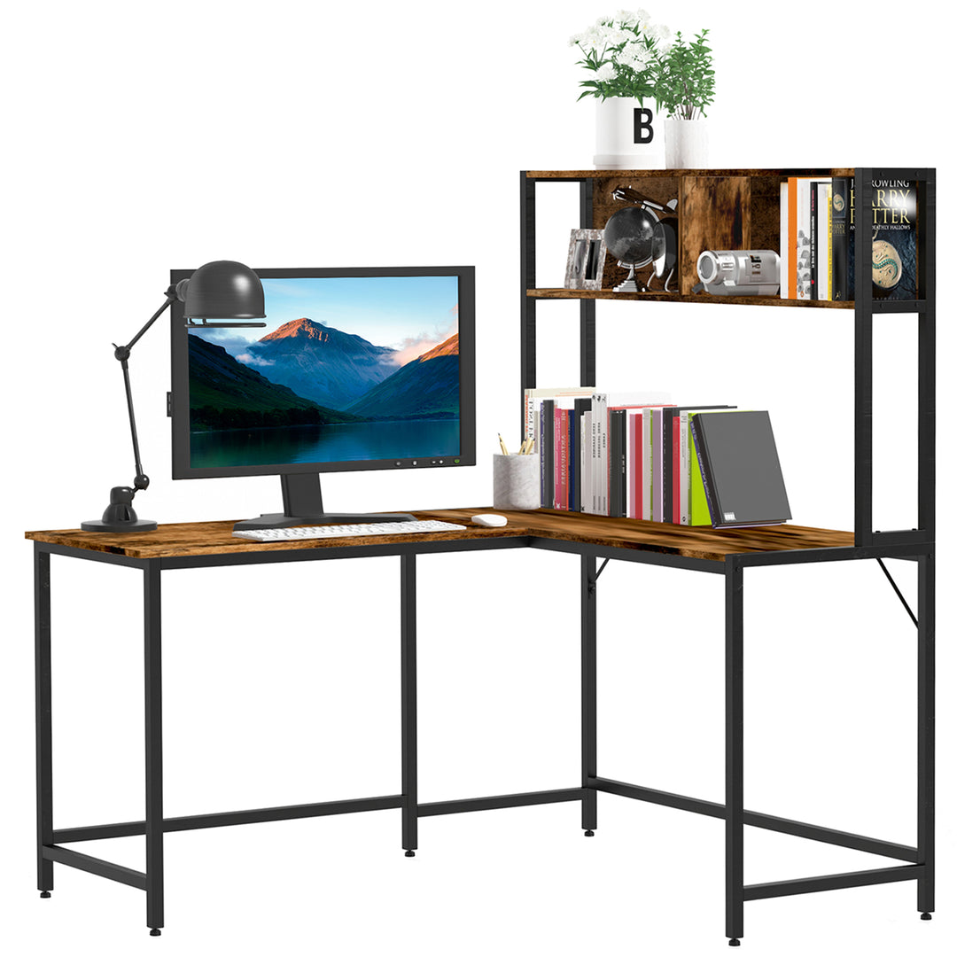 Industrial L-Shaped Work Desk & Storage Shelf Steel Frame Adjustable Feet Corner Workstation Home Office Study Stylish Brown Black