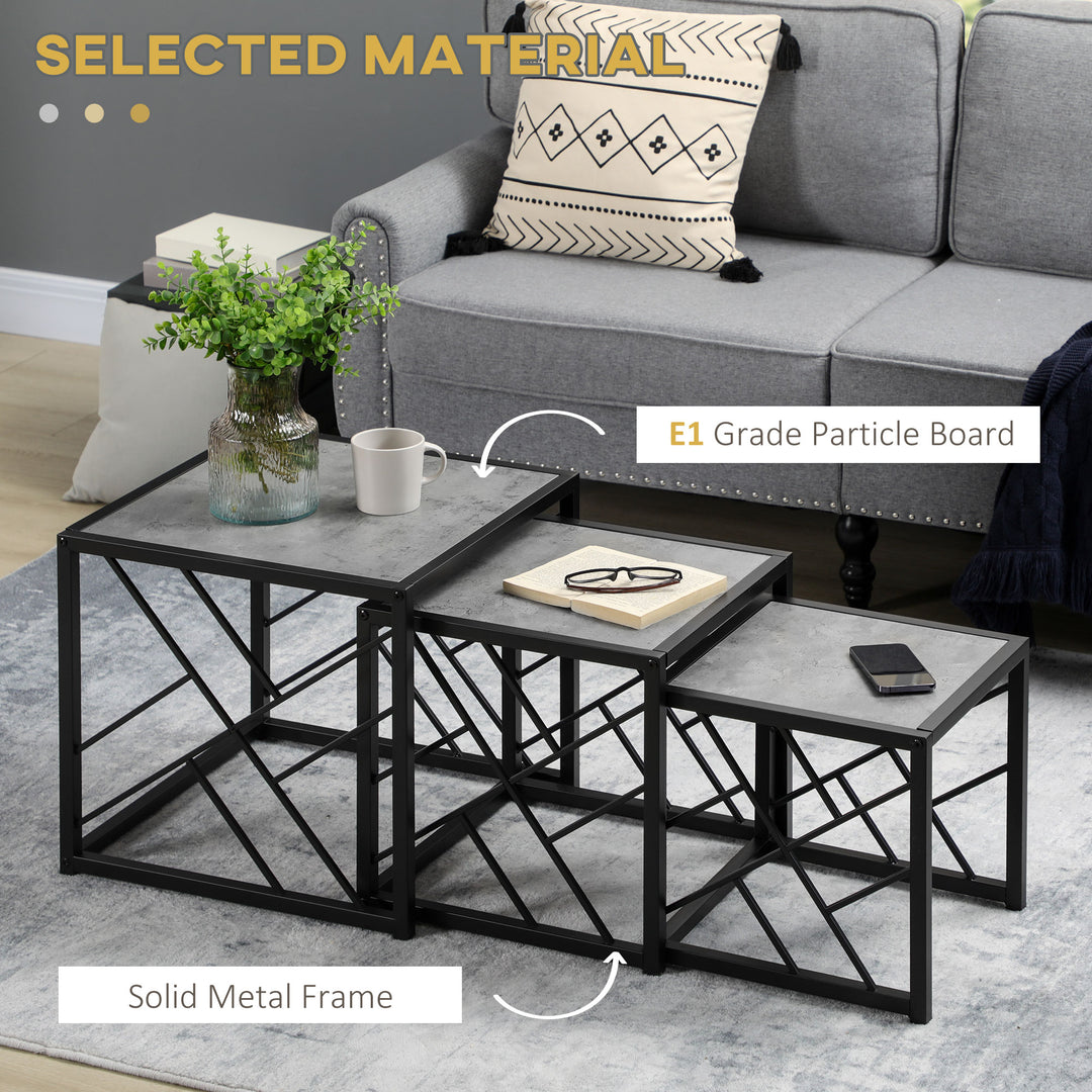 Set of 3 Nest of Tables, Square Side Tables with Black Metal Frame, for Living Room, Bedroom and Office, Grey