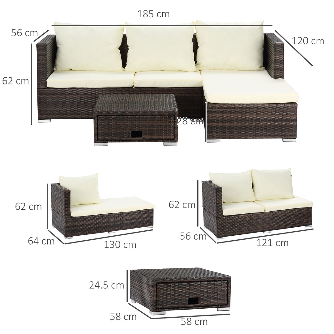 Outsunny 4-Seater Rattan Garden Furniture Storage Sofa Set Wicker Coffee Table Conservatory Sun Lounger Outdoor Weave w/ Cushion, Brown