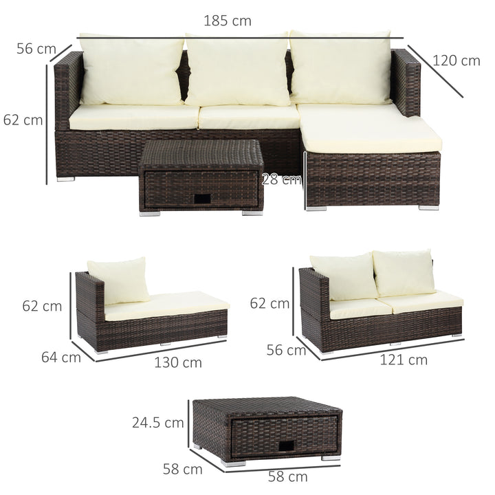 Outsunny 4-Seater Rattan Garden Furniture Storage Sofa Set Wicker Coffee Table Conservatory Sun Lounger Outdoor Weave w/ Cushion, Brown