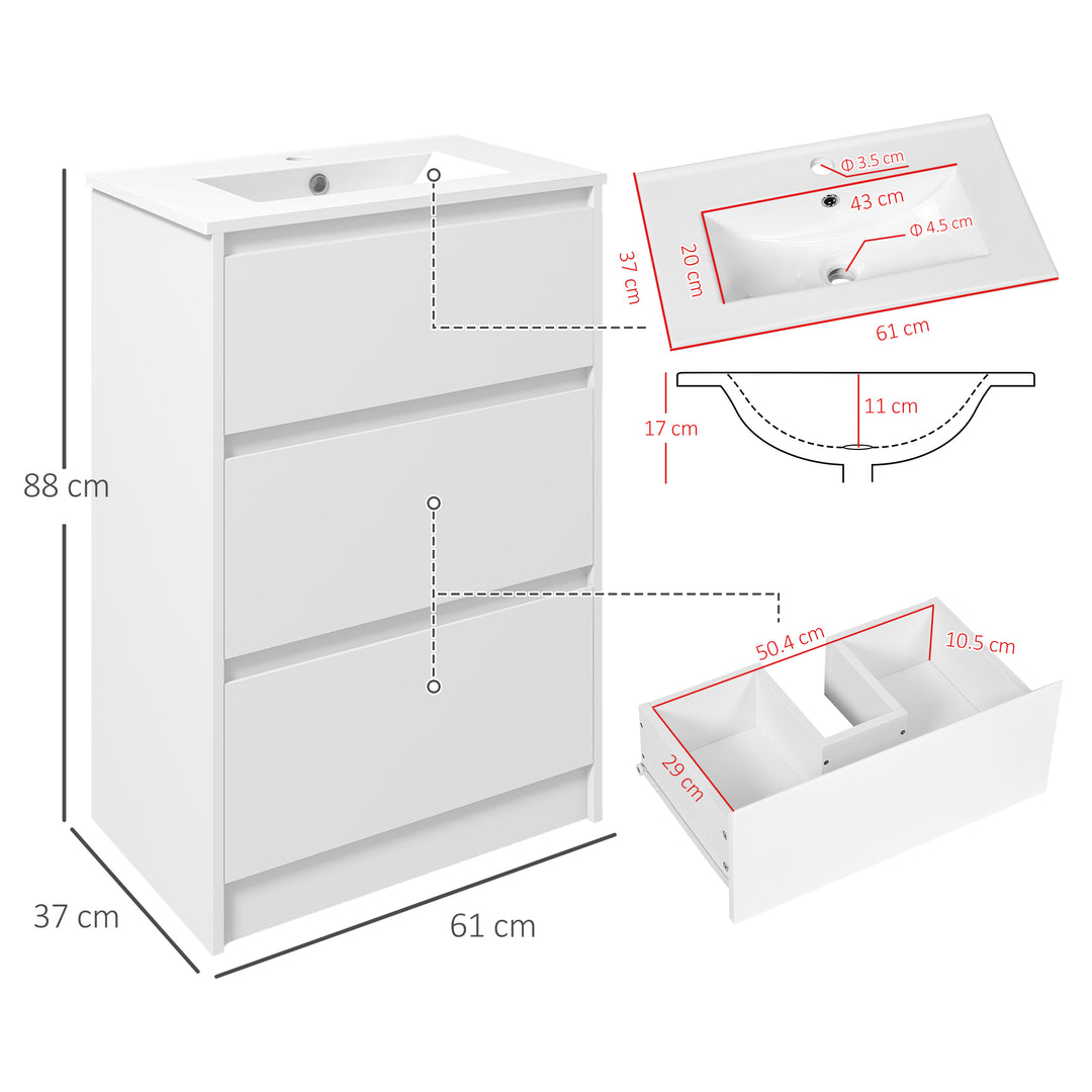 600mm Bathroom Vanity Unit with Basin and Single Tap Hole, High Gloss White Floor Standing Bathroom Sink Unit with 2 Drawers