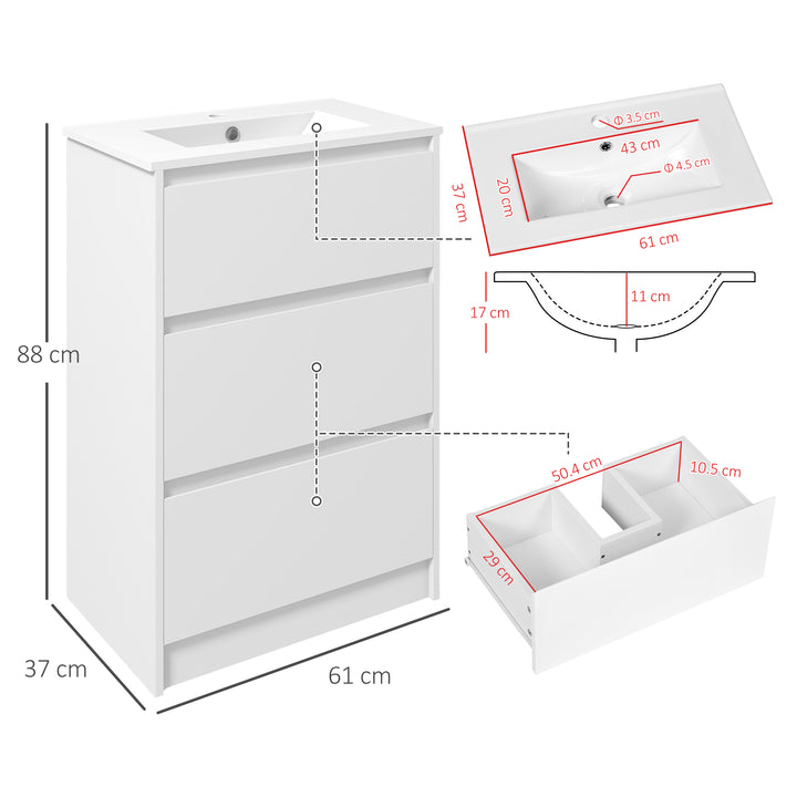 600mm Bathroom Vanity Unit with Basin and Single Tap Hole, High Gloss White Floor Standing Bathroom Sink Unit with 2 Drawers