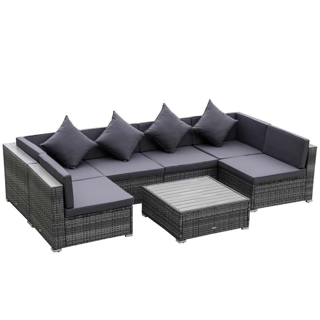 Outsunny 7 Pieces Patio Wicker Sofa Set, Outdoor PE Rattan Sectional Furniture Set w/ Acacia Table Top &amp; Cushion for Garden, Backyard, Grey