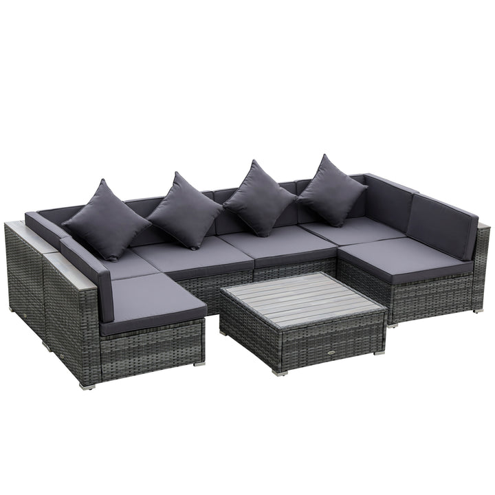 Outsunny 7 Pieces Patio Wicker Sofa Set, Outdoor PE Rattan Sectional Furniture Set w/ Acacia Table Top &amp; Cushion for Garden, Backyard, Grey