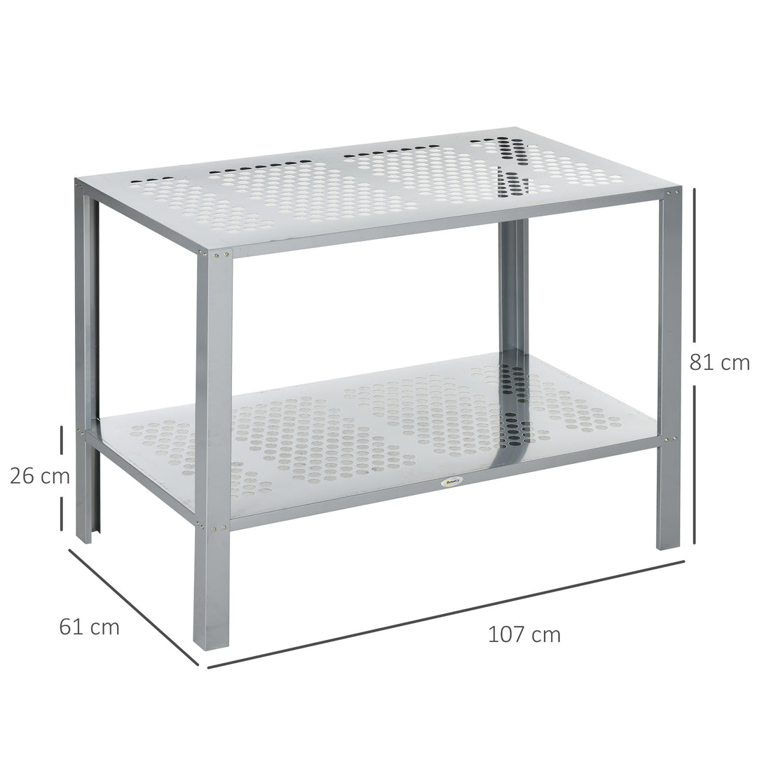 2-Tier Plant Stand, Corner Plant Shelf for Outdoor and Indoor Storage Organizer, Freestanding Flower Rack w/Steel Frame, Mesh Board, Silver