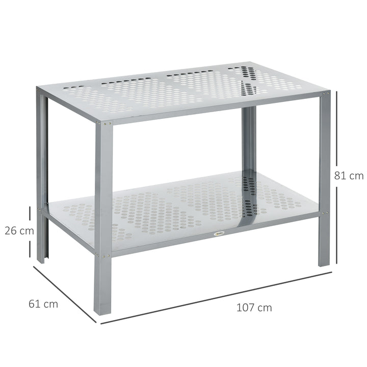 2-Tier Plant Stand, Corner Plant Shelf for Outdoor and Indoor Storage Organizer, Freestanding Flower Rack w/Steel Frame, Mesh Board, Silver