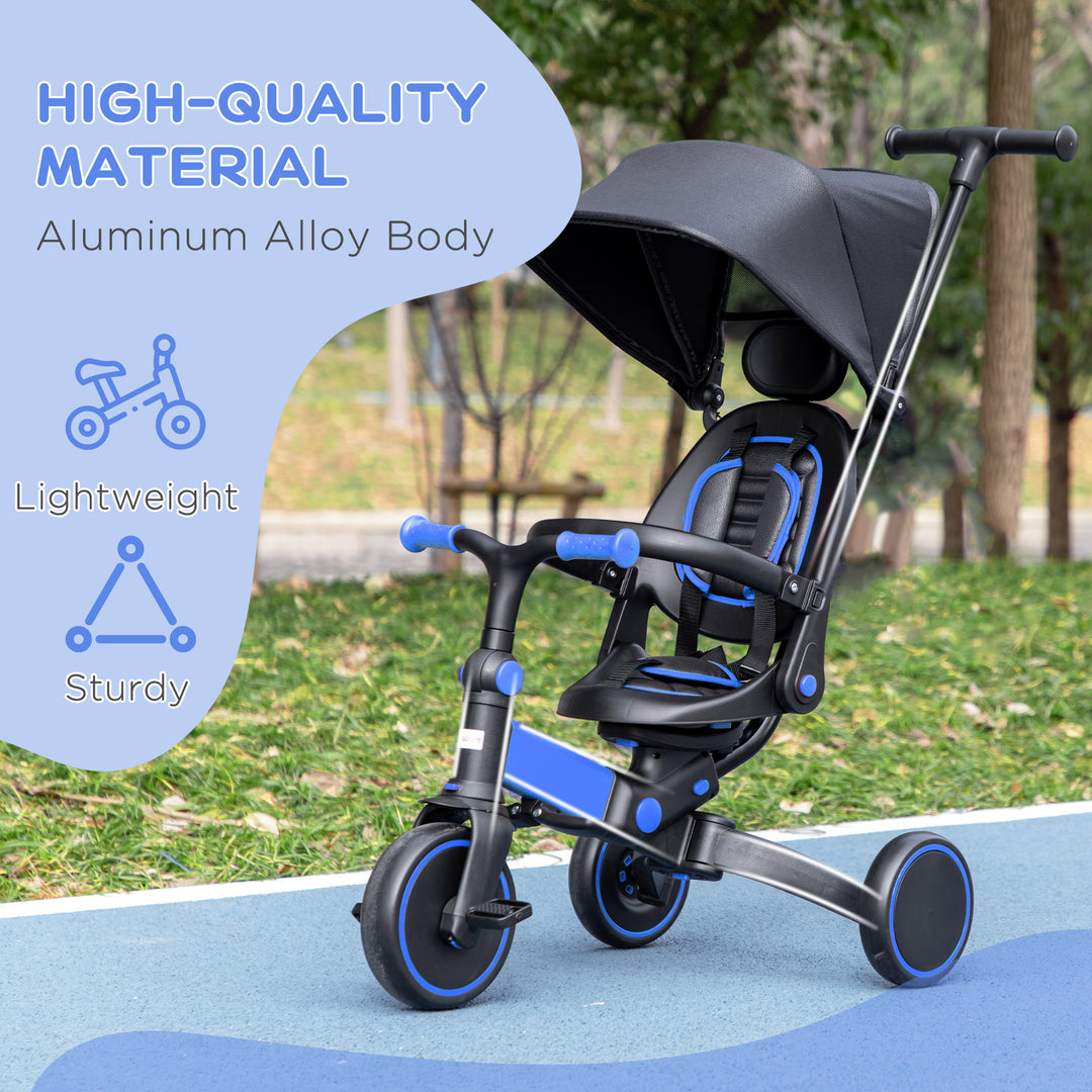 3-in-1 Tricycle for Kids with Aluminium Frame, Baby Trike with Adjustable Push Handle, Canopy and Seat Angle for 18-48 Months, Blue