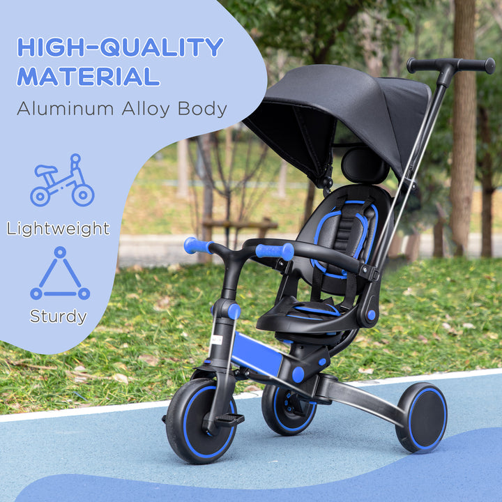 3-in-1 Tricycle for Kids with Aluminium Frame, Baby Trike with Adjustable Push Handle, Canopy and Seat Angle for 18-48 Months, Blue