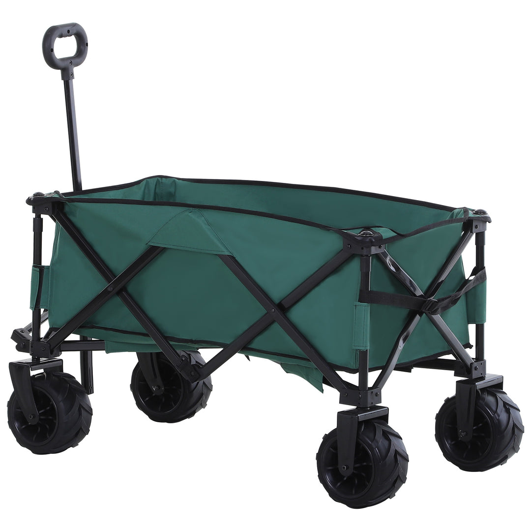 Outdoor Pull Along Cart Folding Cargo Wagon Trailer Trolley  for Beach Garden Use with Telescopic Handle, Anti-Slip Wheel - Green