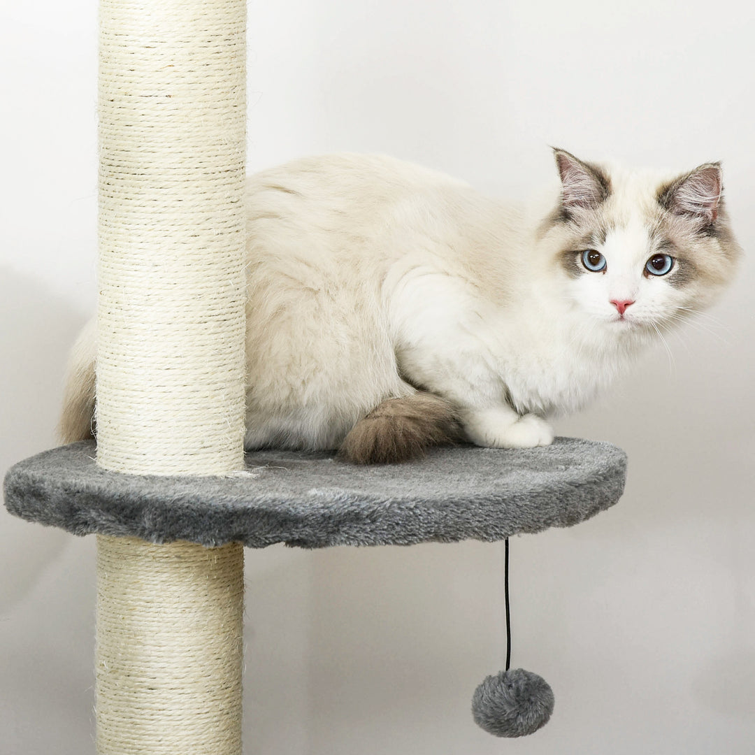 PawHut Cat Tree, Kitten Tower, Condo, Multi-Layer Activity Center, Indoor Pet Play House with Solid Scratching Post Hanging Balls, Light Grey